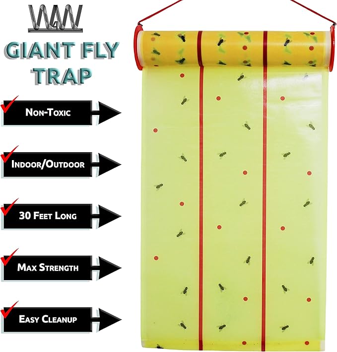 W4W, Giant Sticky Fly Trap Roll - MAX Strength - Outdoor/Indoor - Non Toxic - for Flies and Other Bugs (2 Pack- Contains 2 Giant Fly Rolls)
