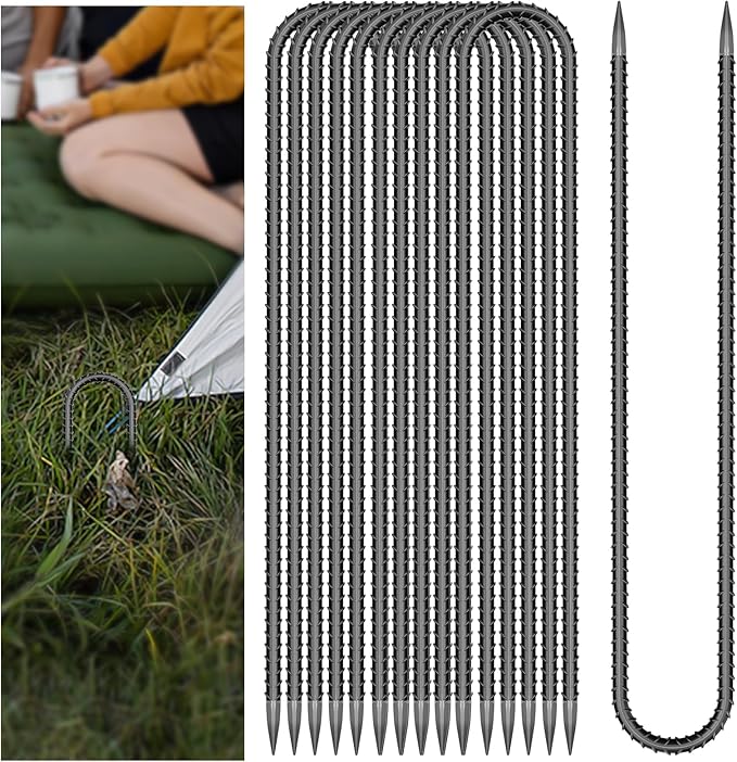 10 PCS Trampoline Stakes Anchors High Wind Heavy Duty,U Shaped Garden Hooks Stakes for Ground,Trampoline Tie Downs Anchor Kit,Bounce Horseshoe House Stake,Rebar Camping Tent Stakes,16 Inch Long Black