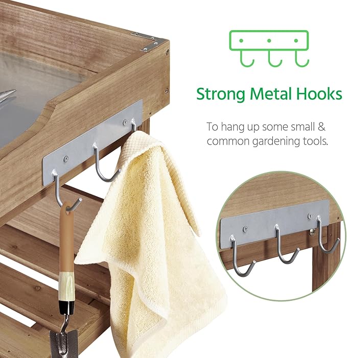Yaheetech Outdoor Garden Potting Bench Table, Wooden Horticulture Planting Worstation w/Metal Tabletop/Storage Shelf/3 Hooks, Brown