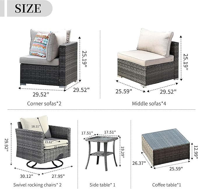 HOOOWOOO 10 Piece Patio Sectional Furniture Set with Swivel Rocking Chairs,Modern Wicker Outdoor Conversation Sofa Sets,Weather Resistant Modular L Shaped Outside Couch Set(Beige)