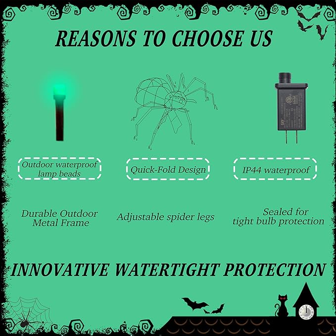 4.2Ft Giant Spider Halloween Decorations Outdoor 52" Light Up Spider with 90 LED Lights for Front Yard, Porch, Garden, Lawn, Halloween Party (Green)