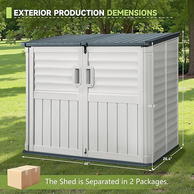 Devoko Resin Outdoor Storage Shed, 34 Cu Ft Outdoor Storage Cabinet Without Shelf, Waterproof, Double Locks, Resin Storage for Trash Can, Garden Tools, Pool Supplies (Beige)
