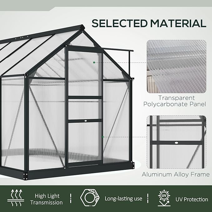 Outsunny 6' x 8' Greenhouse for Outdoors, Polycarbonate Greenhouse with Rain Gutter and Roof Vent, Aluminum Walk-in Green Houses for Outside for Patio Backyard Garden, Gray