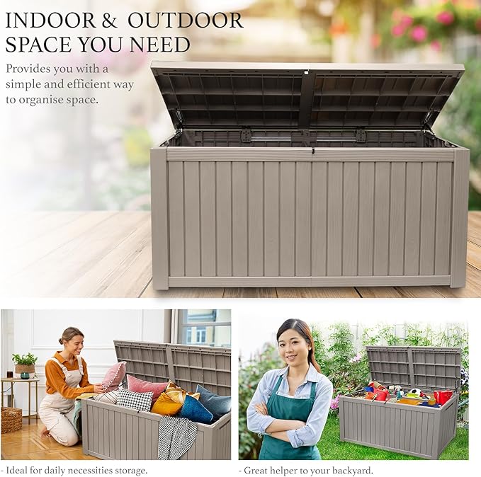 AJP Distributors 180 Gallon Outdoor Storage Box, Rain Waterproof Resin Deck Box, Lockable Large Storage Container for Patio Furniture, Cushions, Garden Tools, Sports Equipment and Pool Supplies Taupe