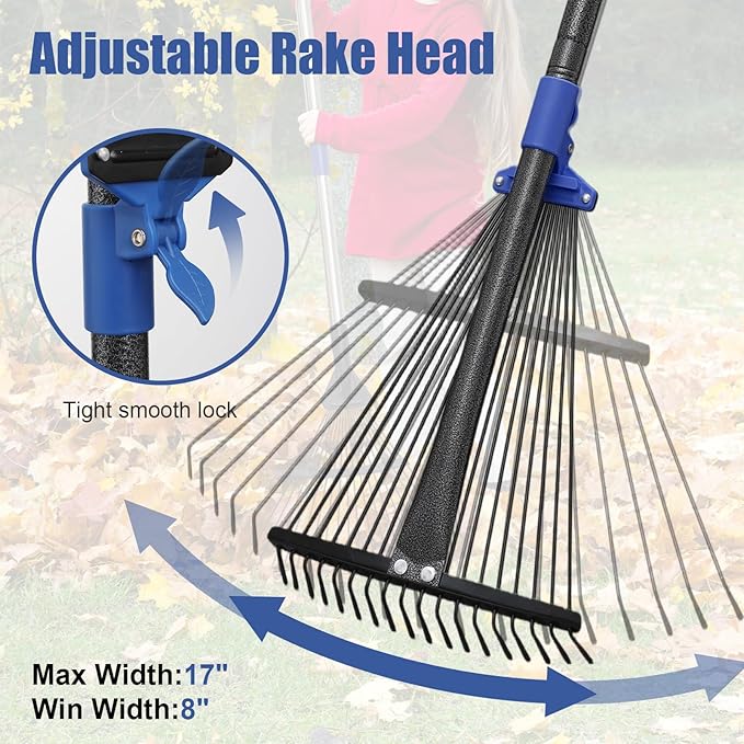 Adjustable Leaf Rake, 53” Long Handle Garden Rakes for Lawns Leaves with Expandable Head 8-17", Yard Women Kids Rake for Gardening RV Camping