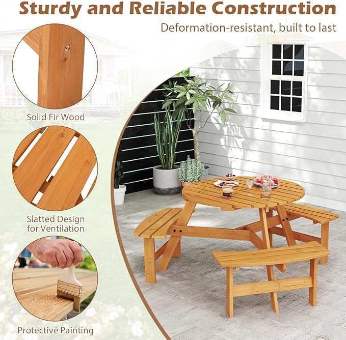 Giantex 6-Person Round Picnic Table Set with 3 Benches, 550 LBS Bench Capacity, 2" Umbrella Hole, Circular Outdoor Wood Dining Table & Chairs for Patio Yard Garden Porch Deck (68”x62”x28”,Yellow)