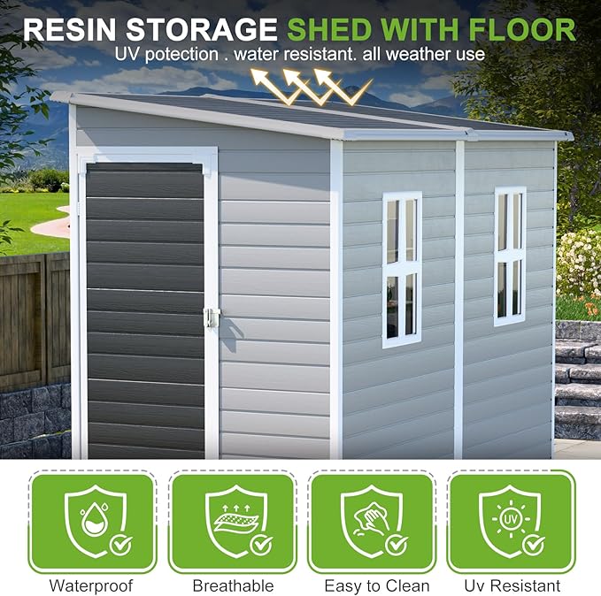 4x8 FT Lean-to Resin Shed with Floor Included, Waterproof Plastic Storage Cabinet, Garden Tool Shed for Outdoor Wall