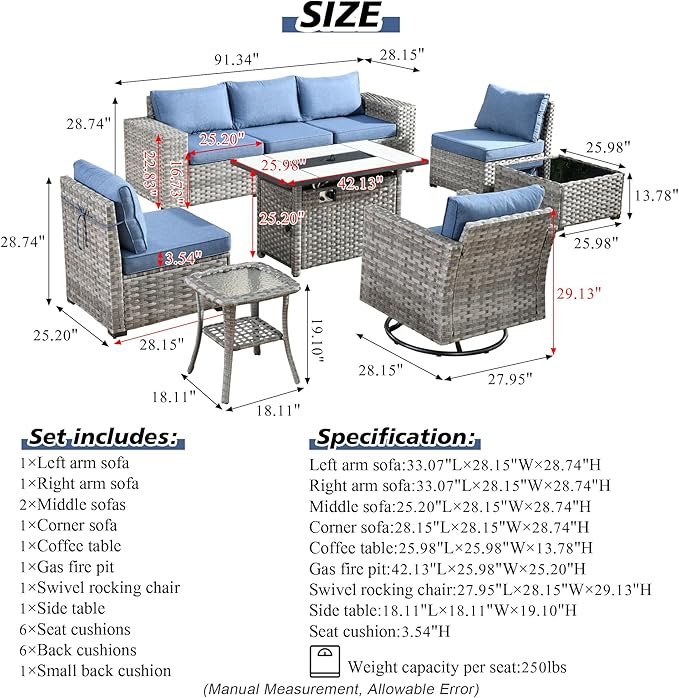 HOOOWOOO 9 Piece Modular Patio Outdoor Sectional Furniture Set with Large Propane Fire Pit Table,Wicker Conversation Sofa Set with Swivel Chairs,Outside Couch Set(Denim Blue)