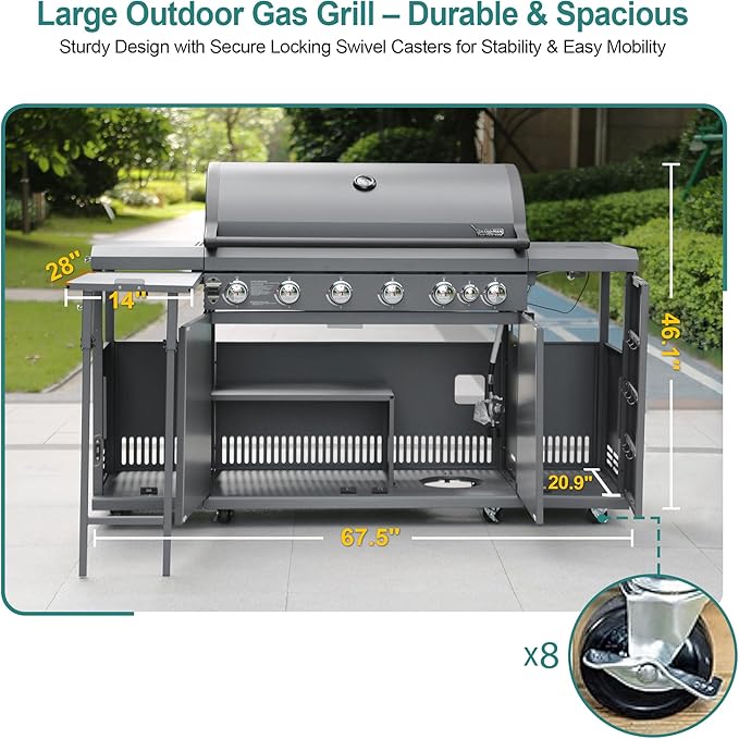 Brand-Man 6-Burner Gas Outdoor Kitchen Grill Island with Side Burner - 72,000 BTU Stainless Steel BBQ Grill Station with Storage Cabinets, Fold-out Prep Table, LPG/NG Convertible, Gray