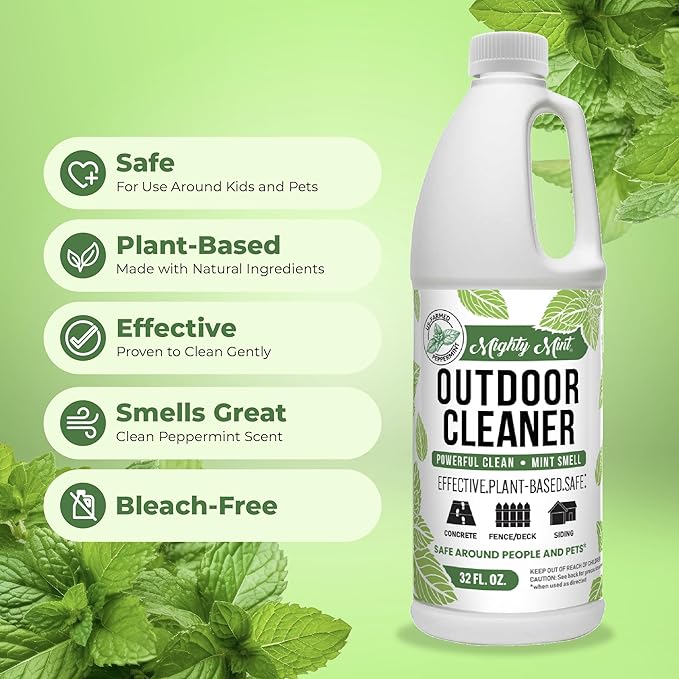 Mighty Mint Outdoor Cleaner, Powerful | Bleach-Free | Biodegradable, Cleans Stains on Wood, Decks, Concrete, Patios, and Vinyl Siding, Natural Mint Scent, 32oz