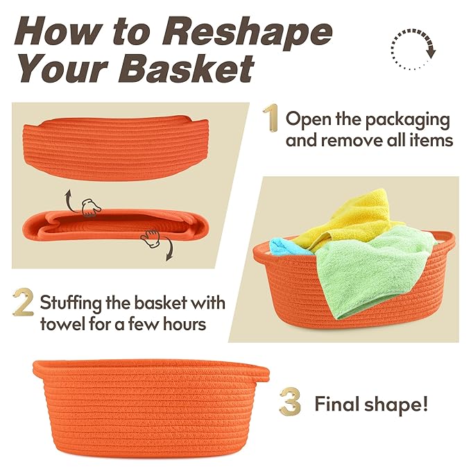 Pro Goleem Small Woven Basket with Gift Bags and Ribbons Durable Baskets for Gifts Empty Small Rope Basket for Storage 12"X 8" X 5" Baby Toy Basket with Handles, Orange