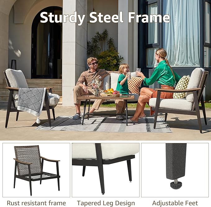 NATURAL EXPRESSIONS 4 Pieces Patio Furniture Set, Outdoor Furniture Sofa Sectional Modern Metal Patio Conversation Set with High Back Wicker Backrest & Loveseat for Balcony, Backyard, Deck, Porch