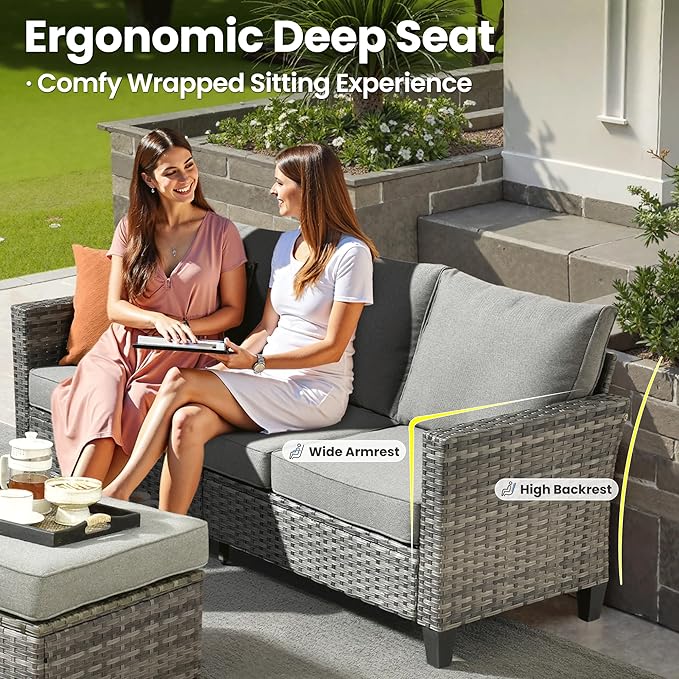 ovios Patio Furniture Set, 6 Pieces Outdoor Wicker Sofa Couch with Fire Pit Table, Ottomans and Comfy Cushions, All Weather High Back Rattan Conversation Set, Dark Grey