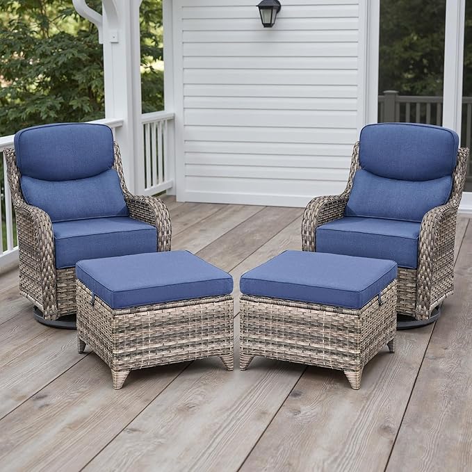 Wicker Outdoor Patio Furniture Set - 4 Piece Patio Conversation Set with Swivel Rocker Chairs and Ottomans, 6 inch Cushions, High Back, Deep Seating, for Porch Deck Garden Mixed Grey/Blue