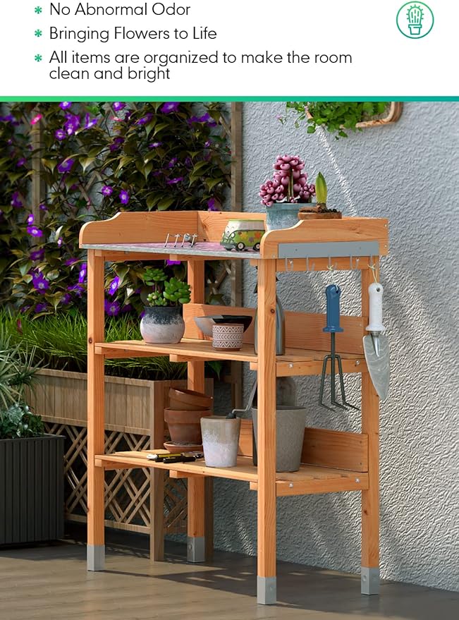 ARNOT Potting Bench,Outdoor Potting Bench Table with Sink and Storage Shelves, Wooden Garden Workstation for Gardening Tools, Planting, and Repotting – Natural Fir Wood (30" x 14.5" x 35")