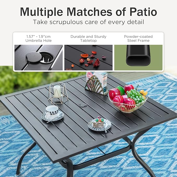 PHI VILLA 5 Pcs Patio Dining Set,Outdoor Table Chair Set for 4 with Outdoor Chairs and Metal Frame Steel Square Table,Outdoor Dining Furniture with Cushion and Pillow for Garden Lawn Deck