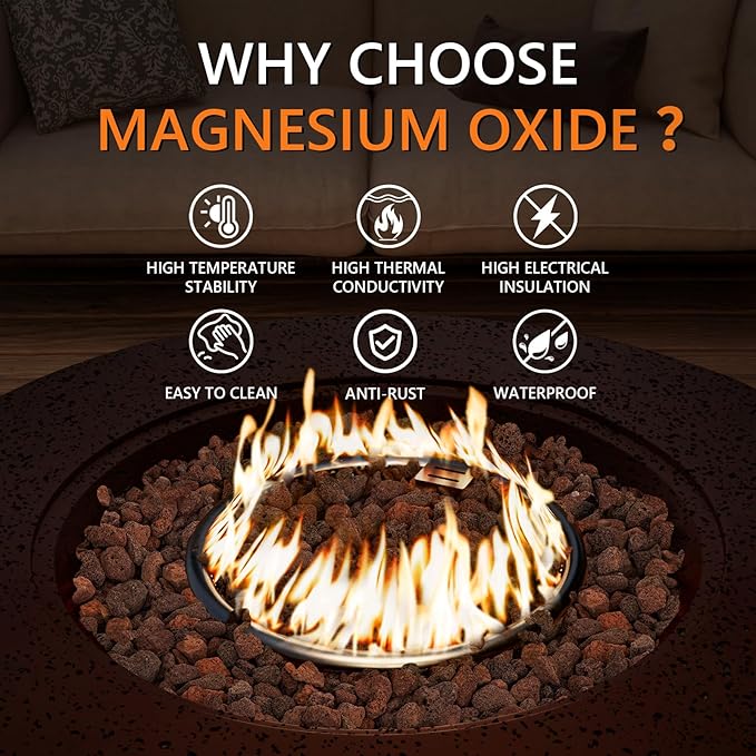 SUNBURY 42in Round Propane Outdoor Fire Pit, Gas Patio Fire Table 50,000 BTU Concrete Travertine Design, CSA Certified, Circular Base Firepit with Lava Rocks, Waterproof Cover (Brown)