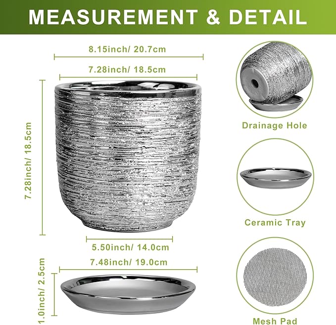 Ceramic Pot for Plants 8 Inch - Ceramic Flower Pot Indoor with Drainage Hole and Saucer, Decorative Round Indoor Planter, Plant Lover Gifts, Patio Home Office House Decor, Silver