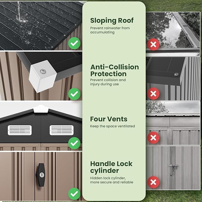 GVDV 8x6 FT Outdoor Metal Storage Shed, 7.3x5.3 FT Base Durable Garden Shed with Updated Frame Structure for Backyard, Patio, Tool Storage, All-Weather Shelter for Bike, Gardening Tools, No Floor