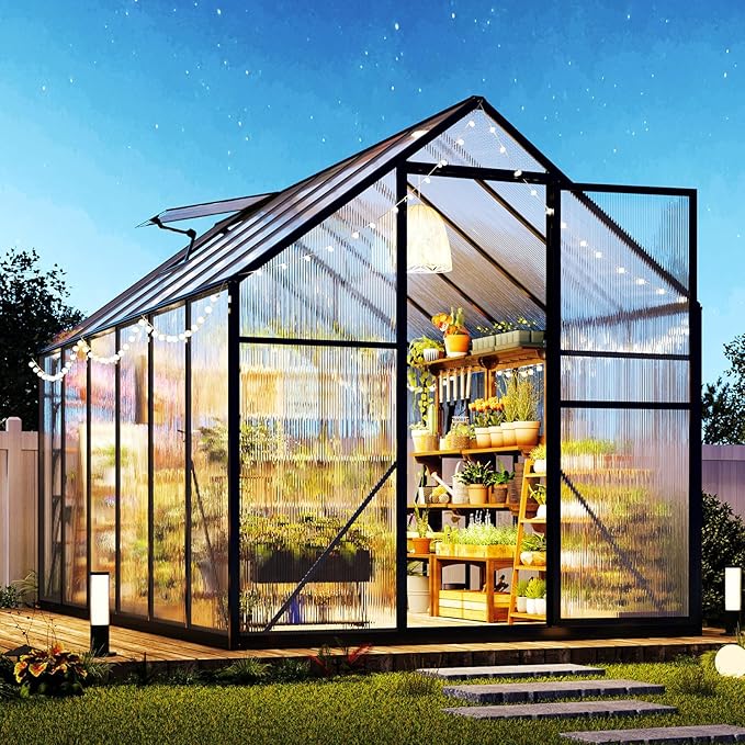 Jocisland 6x8x6.3 FT Polycarbonate Greenhouse for Outdoors with 2 Windows, Dual Swing Doors, Aluminum Walk-in Frame, Heavy Duty Garden Greenhouse for Backyard, Black