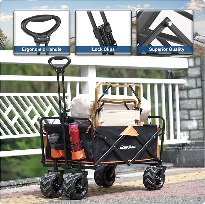 EchoSmile Heavy Duty 350 Lbs Capacity Collapsible Wagon, Outdoor Folding Camping Wagons, Grocery Portable Utility Cart, Adjustable Rolling Carts, All Terrain Sports Wagon with Big Wheels by Boahaus