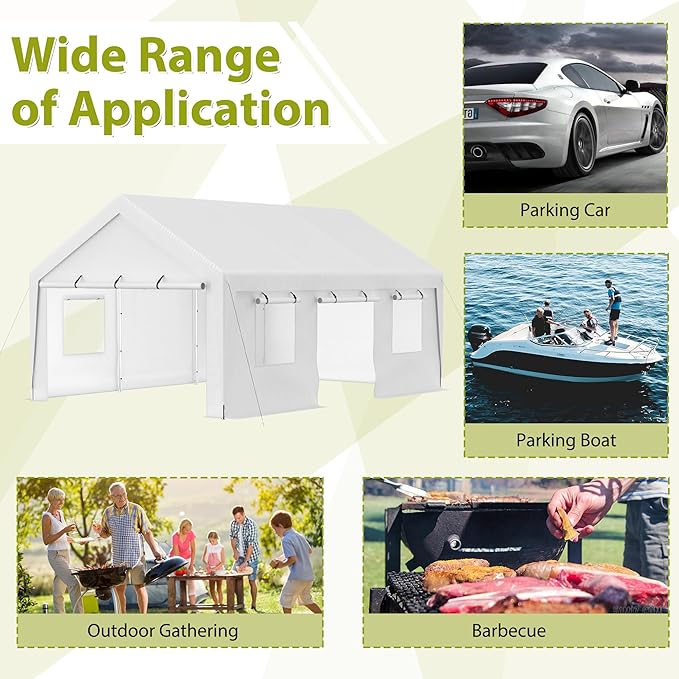 Carport 13x20ft Portable Garage Canopy Heavy Duty Car Port with Mesh Windows and Removable Sidewalls UV Resistant Waterproof All-Season Tarp for SUV, Boat, Truck White