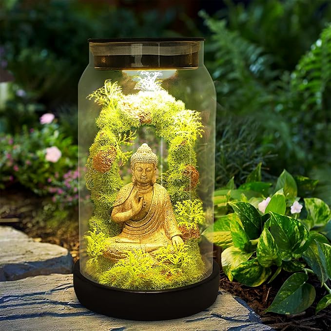 Solar Garden Buddha Statue Outdoor - 9.8'' 15 LED Solar Lights Garden Decor Lucky Zen Unique Birthday Gifts for Women Mom Grandma, Sitting Meditating Figurine Housewarming Gifts for Patio Lawn Yard