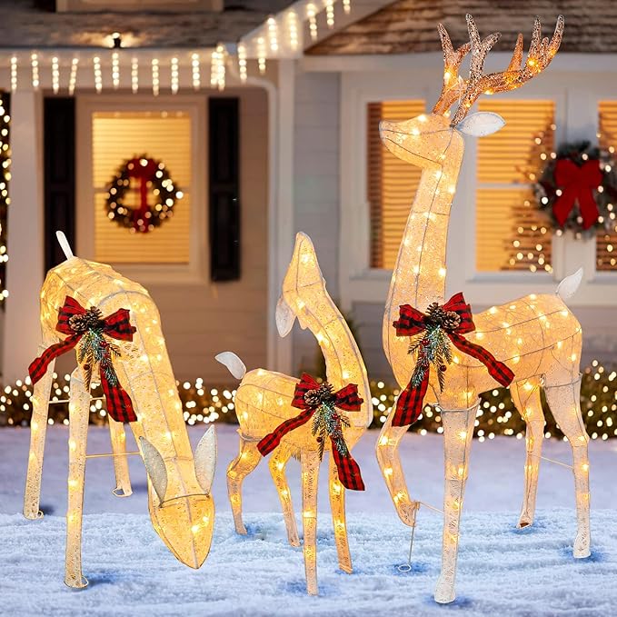 Hourleey 3-Piece Pre-Lit Reindeer Family Set, 3D Plug in 170 Count Warm White Lighted Decoration, Waterproof Outdoor Christmas Deer Decor for Yard, Patio, Lawn, Garden, Party