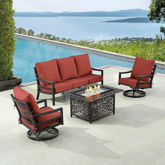 Oakland Living Black Aluminum Patio Fire Table Set with Deep Seating Sofa with Cushions and Two Club Chairs with Red Cushions