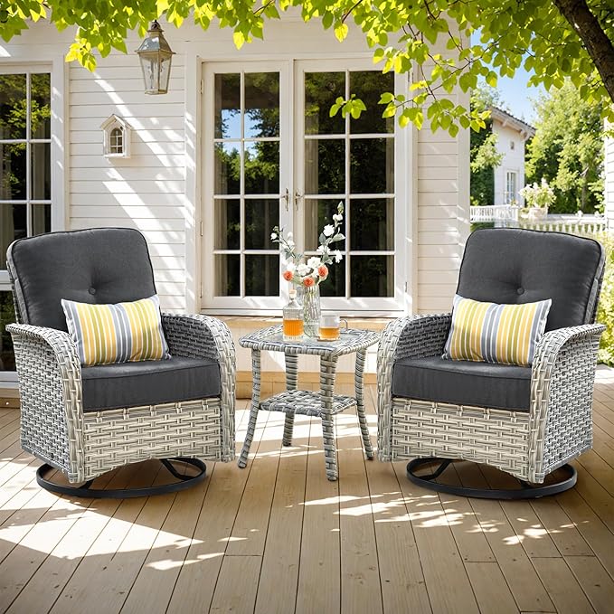 HOOOWOOO Outdoor Patio Bistro Set,3 Pieces Wicker Out Door Swivel Rocking Chair with Matching Side Table,Patio Furniture Sets,Black