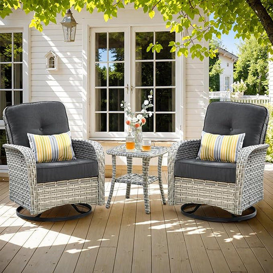 HOOOWOOO Outdoor Patio Bistro Set,3 Pieces Wicker Out Door Swivel Rocking Chair with Matching Side Table,Patio Furniture Sets,Black