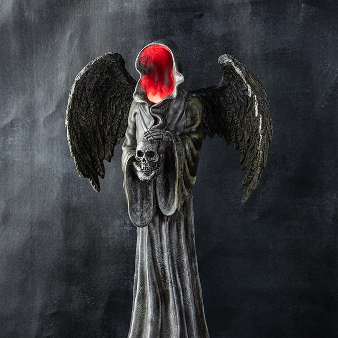 Glitzhome Halloween Porch Decorations, Lighted Halloween Front Porch Standing Sign Decor with Timer, Resin Grim Reaper Sign for Indoor Patio Party, 24" H