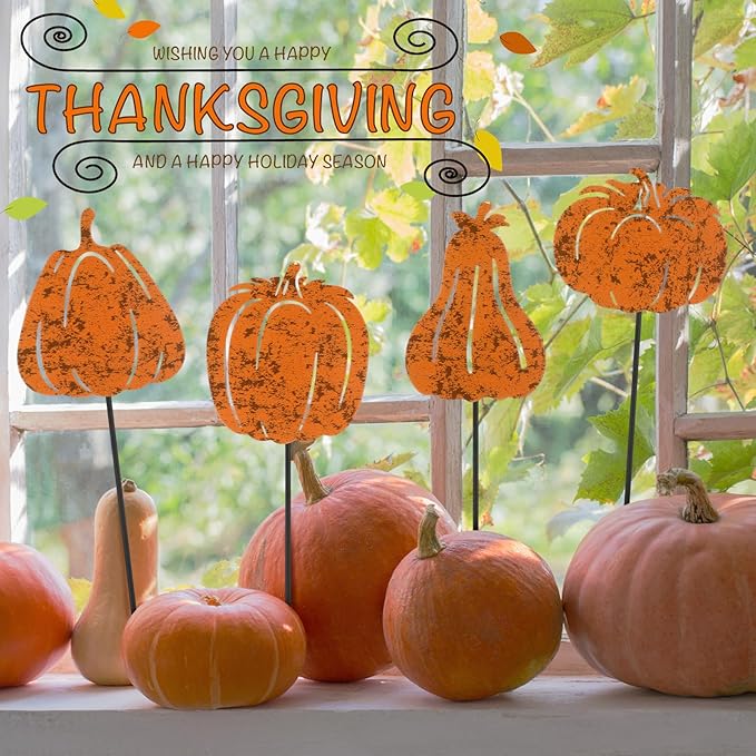 Chunful 4 Pcs Fall Vintage Decorative Garden Stakes Pumpkin Garden Stakes for Flower Planter Pot Outdoor Rustic Metal Yard Sign Thanksgiving Pumpkins Decorations Autumn Harvest Halloween Patio Lawn