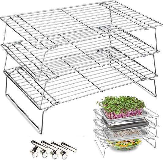 Sprouts Growing Rack 3-Tier 14 inch Shelf, Metal Foldable Plant Stand for Sprouting Tray Indoor, Seed Starting Tray Plant Shelf, Silver Rack for Kitchen Table Top Space Saving