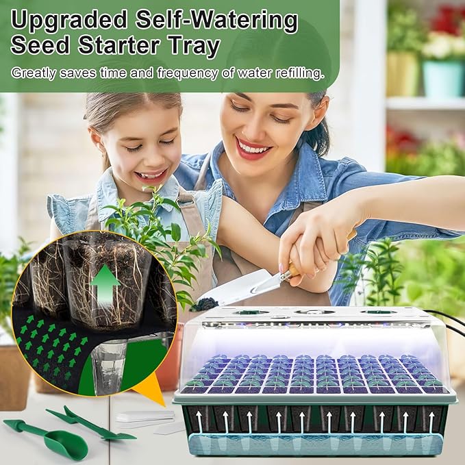 Self Watering Seed Starter Kit with Grow Light, 60-Cell Seed Starter Tray with Humidity Dome, Seedling Tray for Plant Starter, Indoor Seed Starting Kit with 4" High Lid Germination Tray