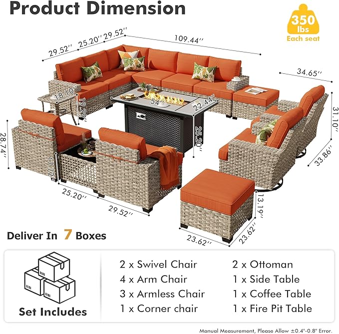 HOOOWOOO Outdoor Sectional Patio Furniture Set with Fire Pit Table,15 Pieces Wicker Conversation Sets L Shaped Couch,Extra Deep Out Door Sofa Outside Furniture with Swivel Chairs Ottomans,Brick Red