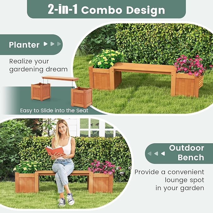 Giantex 2-in-1 Outdoor Bench with 2 Raised Garden Beds, Wood with Teak Oil Finish, Planter Boxes with Open-Ended Base, Garden Bench Seat for Porch Balcony Lawn Yard, DIY Assembly