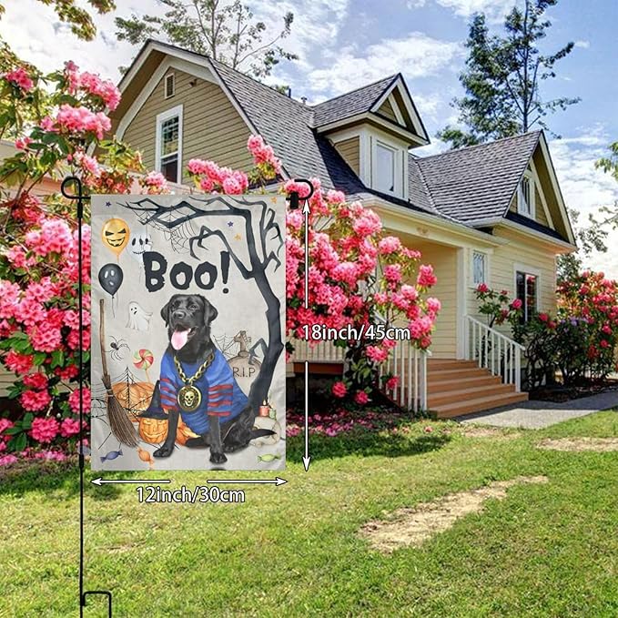 Labrador Black Dog Halloween Boo Pumpkin Garden Flag Welcome Party Outdoor Outside Decorations Picks Home House Garden Yard Decor 12x18 Inch