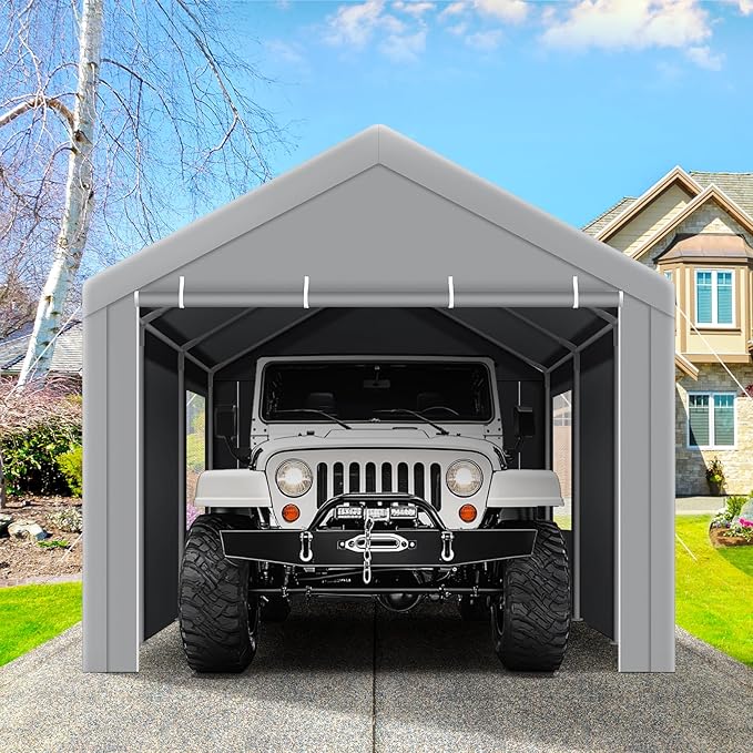 COBIZI Carports 10x20 Heavy Duty Car Canopy Garage with Removable Sidewalls & Doors, Galvanized Frame Portable Carport Canopy with Built-in Sandbags & All-Season Tarp for Car Boat Truck, Gray