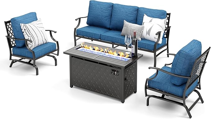 Patio Furniture Set, 4 Pcs Metal Outdoor Conversation Set, 2 Rocking Chairs and 3 Seater Sofa with 5.75" Extra Thick Cushion and Gas Fire Pit Table for Backyard Deck, Gemstone Blue