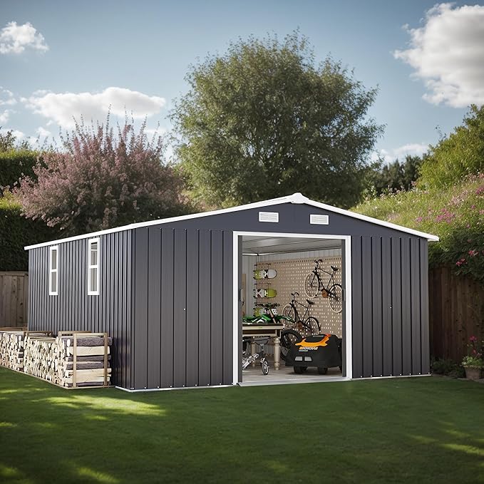 10x12 FT Outdoor Storage Shed, Large Metal Garden Shed with 2 Windows, Outside Tool Sheds with Lockable Sliding Doors, Waterproof Storage Building with 4 Air Vents for Backyard, Patio, Lawn, Dark Gray