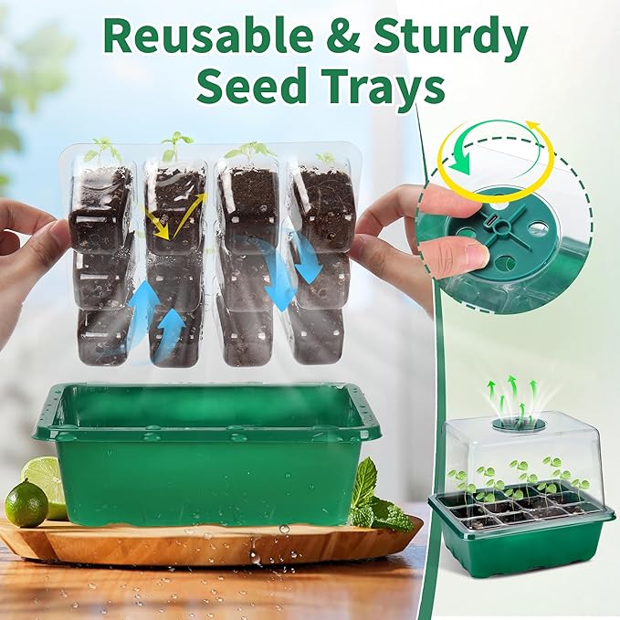 4-Pack Seed Starter Tray with Grow Light and Heat Mat, 48 Cells Seed Starter Kit with Adjustable Humidity Dome and Base, Germination Kit for Seed Growing Plant Propagation