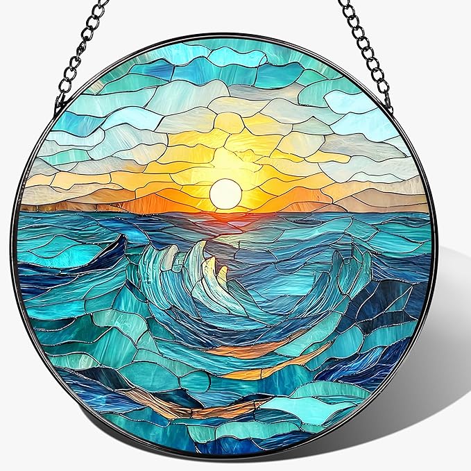 Stained Glass Window Hanging, Pauyadu 8 Inch Beach Stained Glass Suncatcher, Window Decoration Hanging, Sunrise Lover Gift, Natural Gift, Beach Home Decor, Gifts for Family, Friends, Colleagues