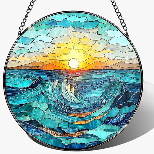 Stained Glass Window Hanging, Pauyadu 8 Inch Beach Stained Glass Suncatcher, Window Decoration Hanging, Sunrise Lover Gift, Natural Gift, Beach Home Decor, Gifts for Family, Friends, Colleagues