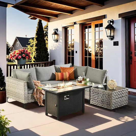 Outdoor Sectional Patio Furniture Set with Fire Pit Table and Glowing Table,6 Pieces Wicker Conversation Sets L Shaped Couch Out Door Sofa Set Outside Furniture for Garden Deck Yard,Dark Grey