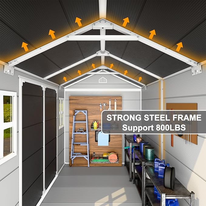 Outdoor Resin Storage Shed 8x6x7 FT Sheds Kit with Floor Included 2 Windows Double Lockable Door,Waterproof Outside Plastic Sheds for Backyard Garden Patio Lawn Tools