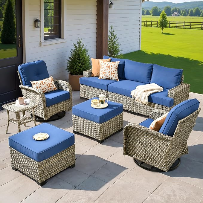 HOOOWOOO Outdoor Sectional Patio Furniture Set,8 Pieces Wicker Conversation Sets,Extra Deep Out Door Sofa Outside Furniture Couch with Swivel Chairs Ottoman,Navy Blue