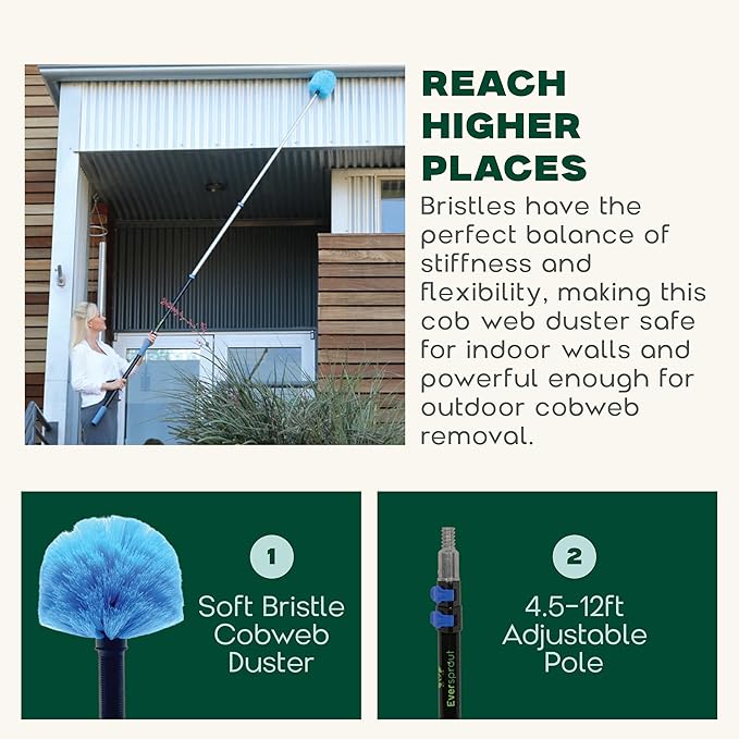 EVERSPROUT 1.5-to-3 Foot Cobweb Duster and Extension-Pole Combo (8-10 Ft Standing Reach, Soft Bristles) | Hand Packaged | Lightweight, 3-Stage Aluminum Pole | Indoor & Outdoor Use Brush Attachment