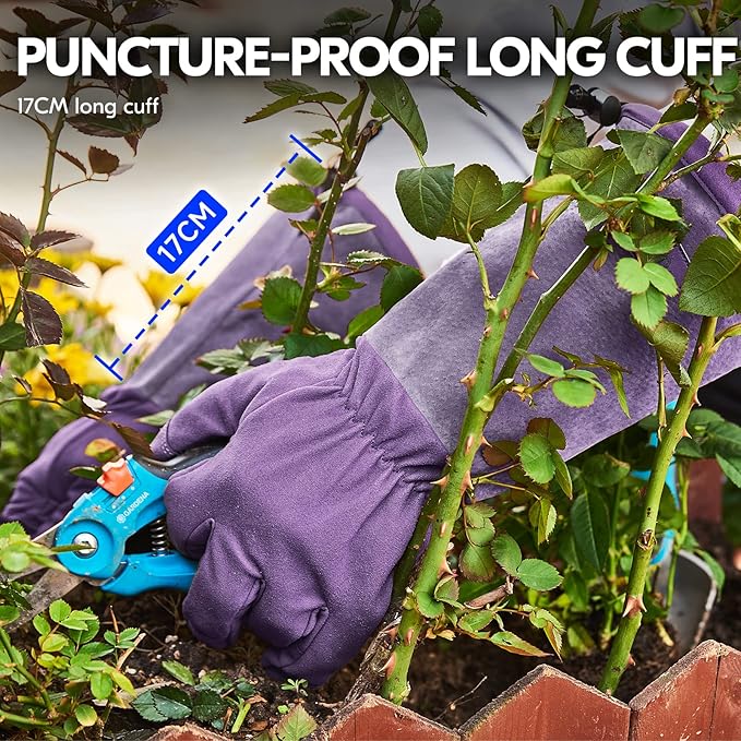 Vgo... Ladies' Synthetic Leather Extended Pig Split Leather Cuff Rose Pruning Thorn Proof Garden Gloves (Size M, Purple,SL6592W)