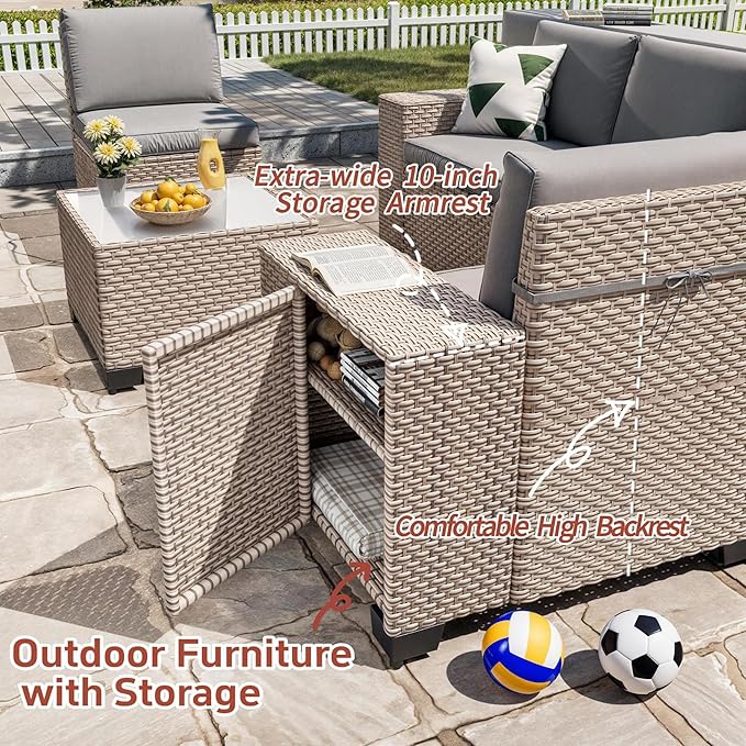 7 Pieces Patio Furniture Set with Propane Fire Pit Table, Outdoor Sectional Wicker Sofa with Cushions and Coffee Table, High Back Rattan Patio Conversation Sets, Grey
